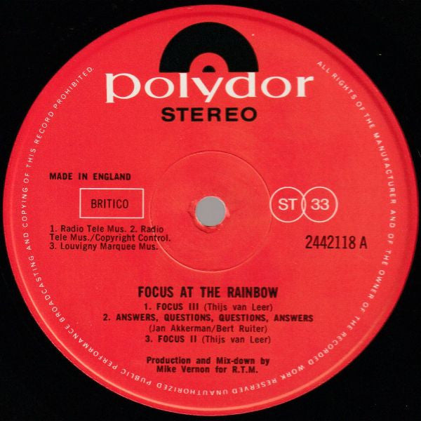 Image of Label Cover of LP - VG/VG+ - FOCUS, At The Rainbow (Polydor Red Label; 2442118, UK 1973, Fold Out Slv), , - 2326280E