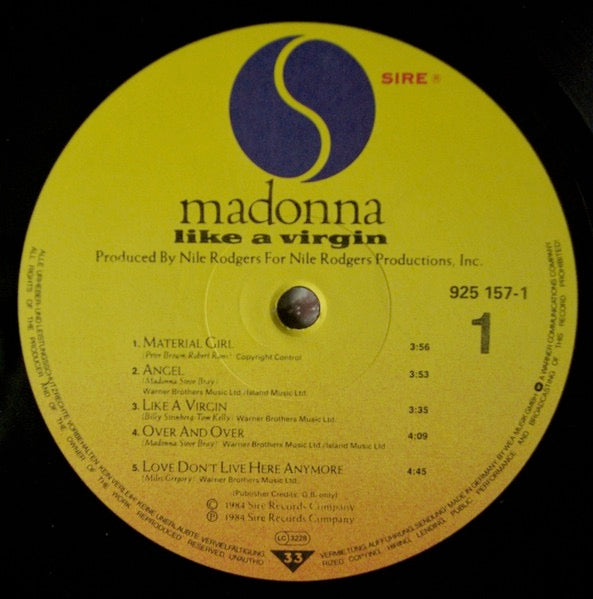 Image of Label Cover of LP - VG/VG - MADONNA, Like a Virgin (Sire; 925 157-1, UK 1984, Inner, First UK Press, No GEMA/Biem On Label, Custom Labels, "Manufactured in Germany" on Back Cover), Hairlines, edge wear, - 3546021S