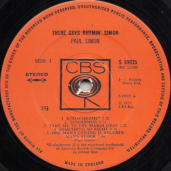 Image of Label Cover of LP - VG/VG+ - PAUL SIMON, There Goes Rhymin' Simon (CBS Orange Labels; 69035, UK 1973, Gatefold), , - 3916351C