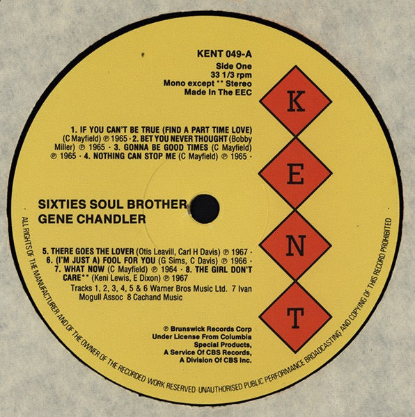 Image of Label Cover of LP - VG/G+ - GENE CHANDLER, Sixties Soul Brother (Kent; KENT 049, UK 1986), Light Marks only. Edge wear and stain to sleeve., - 1716412C