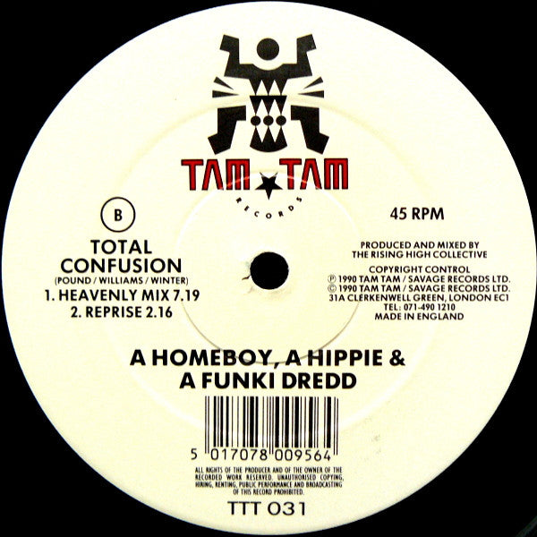 Image of Label Cover of 12" - VG/VG - A HOMEBOY, A HIPPIE & A FUNKI DREDD, Total Confusion (Tam Tam; TTT 031, UK 1990, Company Sleeve), Strong VG, light marks only. No sticker on sleeve., - 3926262E