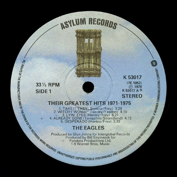 Image of Label Cover of LP - VG/VG+ - EAGLES, Their Greatest Hits (1971-1975) (Asylum Records Door Label; K 53017, UK 1976, Embossed Sleeve, No "Made In UK" On Labels.), Creased and scuffed spine. , - 2146159S