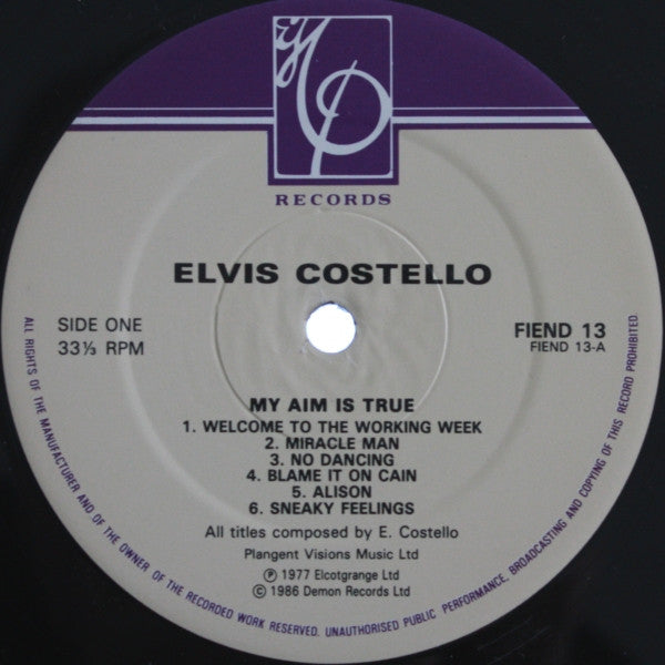 Image of Label Cover of LP - VG+/VG+ - ELVIS COSTELLO, My Aim Is True (IMP Records; FIEND 13, UK 1986 Reissue, Yellow Back Cover), , - 2526047E