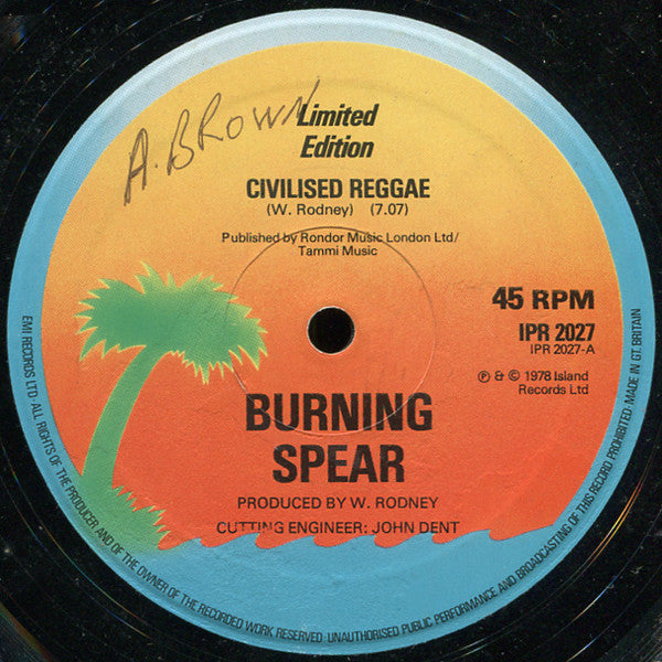 Image of Label Cover of 12" - VG/VG - BURNING SPEAR, Civilised Reggae / Social Living (Island Records; IPR 2027, UK 1978, Company Sleeve), Light marks. Split inner Sleeve, - 3726081E