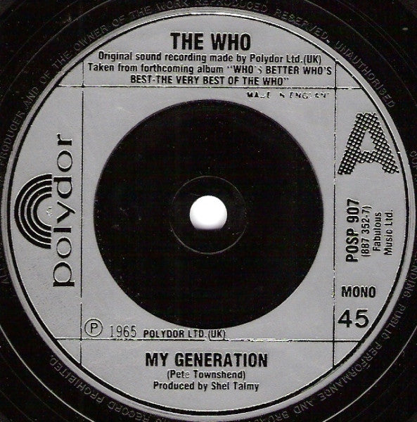 Image of Label Cover of 4814390C: 7" - THE WHO, This Is My Generation (Polydor; POSP 907, UK 1988, Mono) VG+/EX