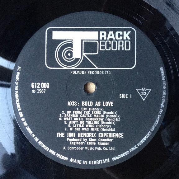 Image of Label Cover of LP - VG/G+ - THE JIMI HENDRIX EXPERIENCE, Axis: Bold as Love (Track; 612003, UK 1967, Laminated Gatefold Sleeve, Insert, Mono 1st Press), Sleeve Is A Strong VG, Small Writing On Back Sleeve. Insert Is Torn On The Right Through The 'Bold As Love' Lyrics. , - 3046179S