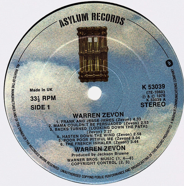 Image of Label Cover of LP - VG/VG - WARREN ZEVON, Warren Zevon (Asylum Records; K 53039, UK 1976, Insert, No W-KD In Runots), , - 1626238E