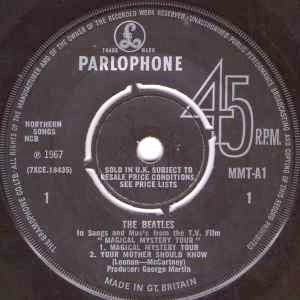 Image of Label Cover of 2x7" EP - VG/G - THE BEATLES, Magical Mystery Tour (Parlophone; MMT 1, UK 1967, Gatefold With Stapled In Booklet, Blue Lyrics, Mono. Push Out Centres), Light marks only, Decent gloss to discs, Blue lyric sheet detached. , - 2716100C