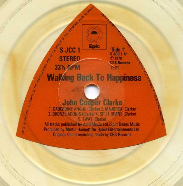 Image of Back Cover of 10" - VG/VG+ - JOHN COOPER CLARKE, Walking Back To Happiness (Epic; S JCC 1, UK 1979, Clear Vinyl), Small splits on seam edges, - 2726364E