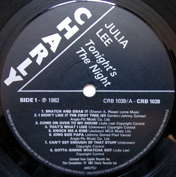 Image of Label Cover of LP - VG/VG - JULIE LEE, Tonight's The Night (Charly R&B; CRB 1039, UK 1982), Sleeve has age discolouration, creases, and a sticker ghost on reverse, - 2416470C