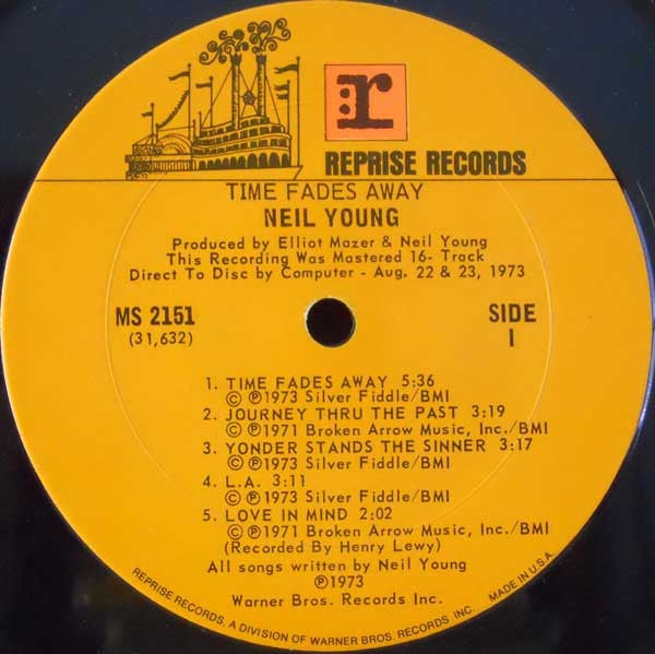 Image of Label Cover of LP - VG/VG+ - NEIL YOUNG, Time Fades Away (Reprise Tan with Orange Logo & Steamboat, No Stereo On Labels; MS 2151, US 1973, Top Opening Sleeve With Black Inside, Insert, Terre Haute Pressing), Clean glossy disc, Intact insert, Strong VG sleeve, Just a few edge pinches. , - 2616102C