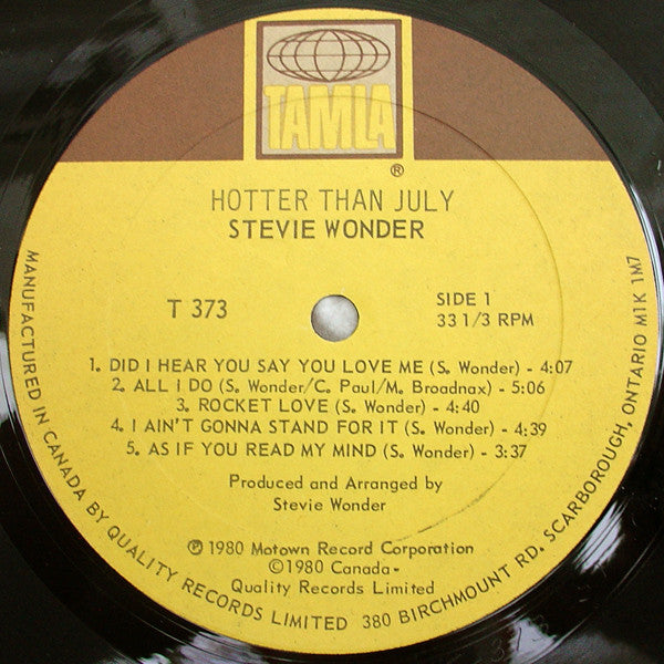 Image of Label Cover of LP - VG+/VG+ - STEVIE WONDER, Hotter Than July (Motown; T 373, Canada 1980, Gatefold, Inner), , - 2626186E
