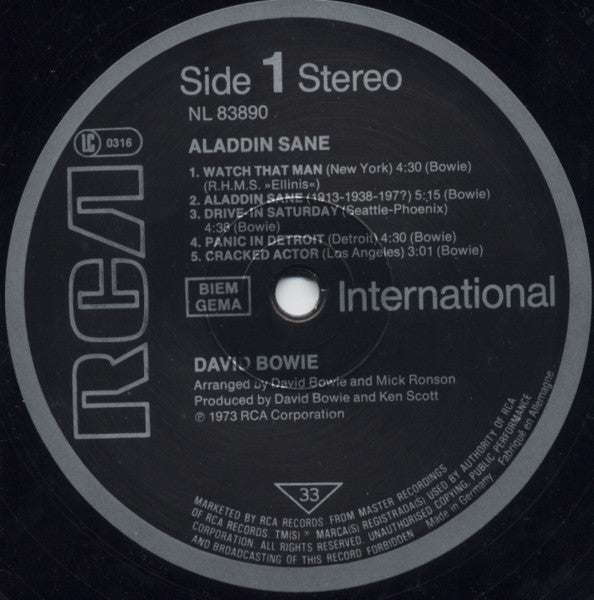 Image of Label Cover of LP - VG/VG - DAVID BOWIE, Aladdin Sane (RCA Black / Silver BIEM/GEMA box; NL 83890, Germany 1981 Reissue, Single Sleeve), Sticker Damage To Sleeve, - 2116177C
