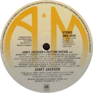 Image of Label Cover of LP - VG/VG - JANET JACKSON, Rhythm Nation 1814 (A&M; AMA 3920, UK 1989, Inner), Strong VG across the board., - 2316293C