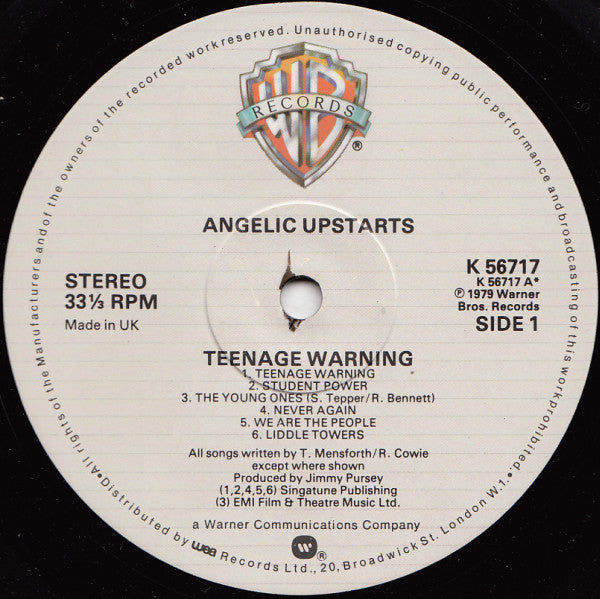 Image of Label Cover of LP - VG/G+ - ANGELIC UPSTARTS, Teenage Warning (Warner Bros; K 56717, UK 1979), Light marks and hairlines, Sleeve intact but a little worn round the edges, - 3316071C
