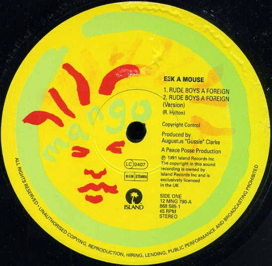 Image of Label Cover of 12" - VG+/EX - EEK-A- MOUSE, Rude Boys A Foreign / Gangster Chronicles (Mango; 12MNG790, UK 1991, Company Sleeve, Stereo), , - 3646146S