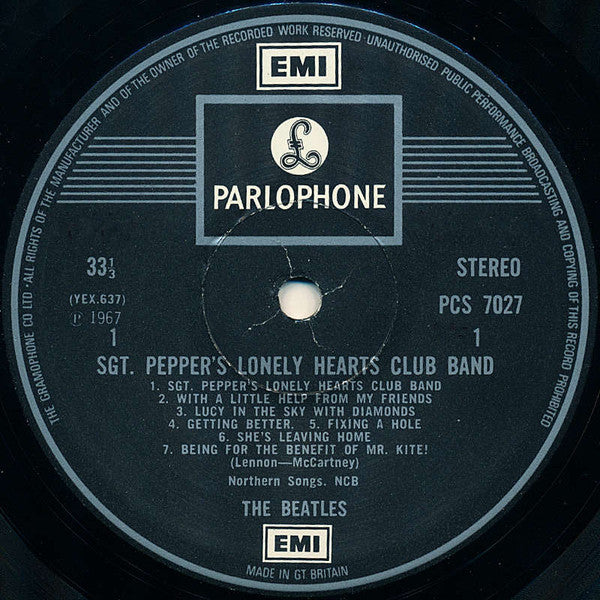 Image of Label Cover of LP - VG+/VG - THE BEATLES, Sgt. Pepper's Lonely Hearts Club Band (Parlophone Silver/Black 2 EMI Boxes, Gramophone Co on Label Rim; PCS7027, UK 1971 Reissue, Laminated Gatefold Sleeve, Cut-Out Insert, Stereo), Light hairlines on vinyl. Slightly dished, does not effect play. Small rip at top of insert., - 2316267C