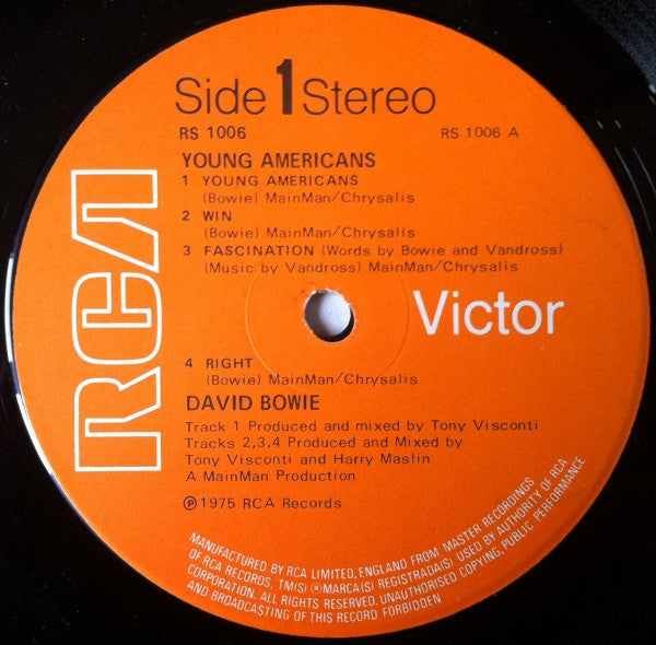 Image of Label Cover of LP - VG/G+ - DAVID BOWIE, Young Americans (RCA Victor Orange with Stereo Text; RS 1006, UK 1975, Shorepak Sleeve, Mainman Logo On Rear Sleeve, 2E or 3E Matrix), , - 2826234E