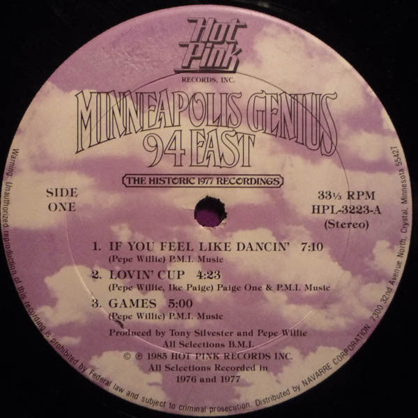 Image of Label Cover of LP - VG+/VG - 94 EAST (PRINCE), Minneapolis Genius (The Historic 1977 Recordings) (Hot Pink Records Inc. ; HPL 3223, US 1985, Inner), A few hairlines, Still in opened shrinkwrap with hype sticker & import sticker, seam split on Inner, - 3246322S
