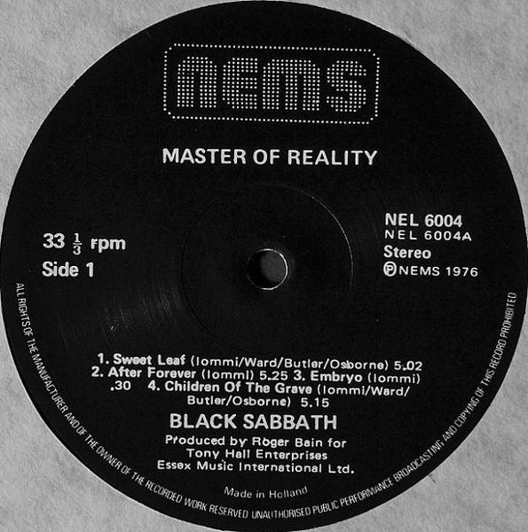 Image of Label Cover of LP - VG/VG - BLACK SABBATH, Master Of Reality (NEMS; NEL6004, UK 1976 Reissue, UK Sleeve, "Made In Holland" On Labels), Sleeve has edge wear & creases., - 2616126C