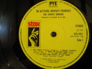 Image of Label Cover of LP - VG/VG - THE STAPLE SINGERS, Bealtitude: Respect Yourself (Stax; STX 1011, UK 1974 Reissue, Laminated Sleeve), Tape damage to top seam. Bottom seam taped. Disc has some light marks., - 1416176C