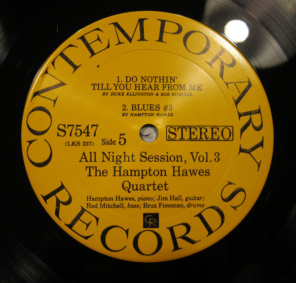 Image of Label Cover of LP - VG/VG - HAMPTON HAWES QUARTET, All Night Session, Vol. 3 (Contemporary; S 7547, US 1960s Reissue, Stereo), Edge / corner wear on sleeve. Corner creased too; light staining, - 0916486C