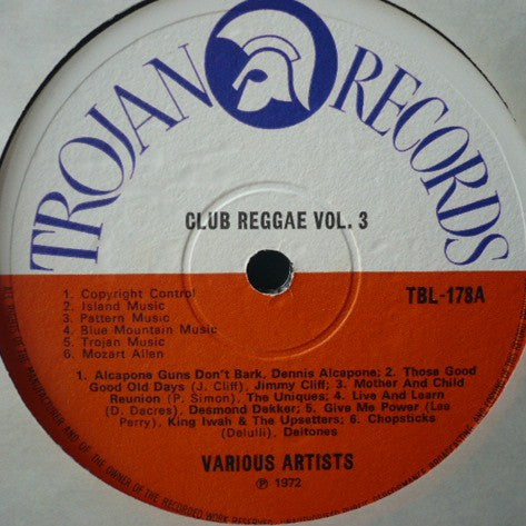 Image of Label Cover of LP - VG/G+ - VARIOUS ARTISTS, Club Reggae Vol 3 (Trojan Records; TBL 178, UK 1972), , - 2846205S