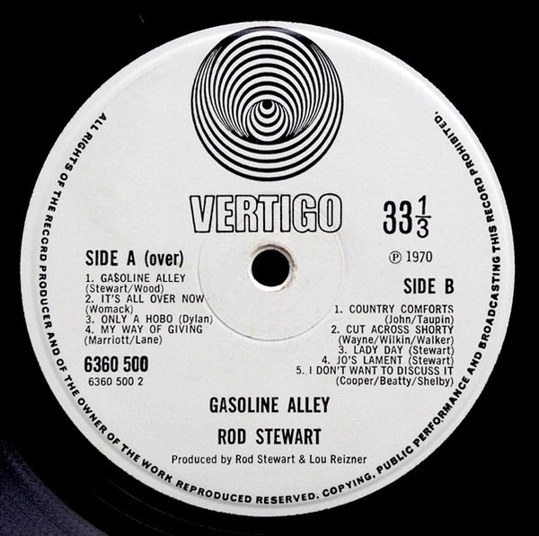 Image of Label Cover of LP - VG/VG - ROD STEWART, Gasoline Alley (Vertigo Small Swirl Label; 6360 500, UK 1971 Reissue, Non-Textured Gatefold, Howards Printers, No Inner, No Publisher Info on Label), Strong VG throughout, Just a few wispy hairlines, Light edge wear only. , - 4016097C