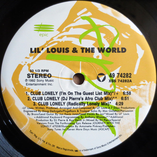 Image of Label Cover of 12" - VG+/VG - LIL LOUIS AND THE WORLD, Club Lonely (Epic; 49 74282, US 1992, Picture Sleeve), , - 2546200S