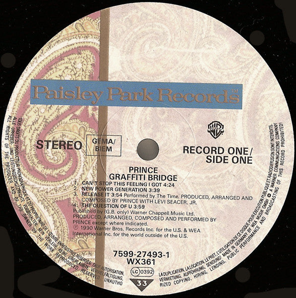 Image of Label Cover of 2xLP - VG+/VG+ - PRINCE, Graffiti Bridge (Warner Bros. Records; 7599-27493-1, Europe 1990, Picture Sleeve, 2 Inners, DMM (Direct Metal Mastering)), , - 3626121E