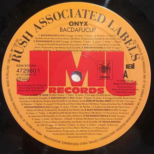 Image of Label Cover of LP - VG+/VG - ONYX, Bacdafucup (JML; 472980 1, Europe 1993, Picture Sleeve, Inner), , - 4046039S