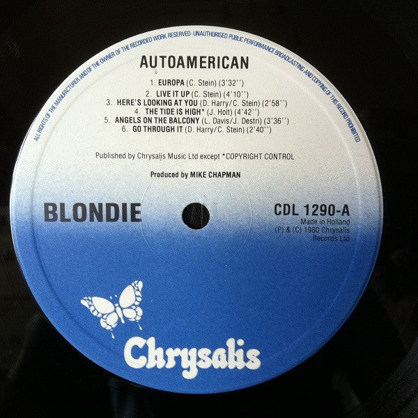 Image of Label Cover of LP - VG/VG - BLONDIE, Autoamerican (Chrysalis; CDL1290, Netherlands 1980, Inner), Strong VG, Light wispy marks, Glossy disc, Light sleeve wear. , - 2316107C