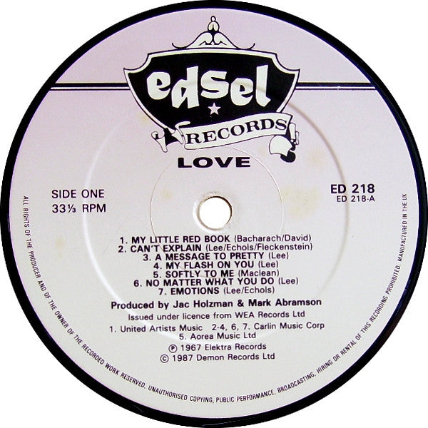 Image of Label Cover of LP - VG+/EX - LOVE, Love (Edsel; ED 218, UK 1987 Reissue), , - 1526196E