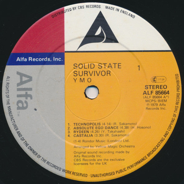Image of Label Cover of LP - G+/VG+ - YMO - YELLOW MAGIC ORCHESTRA, Solid State Survivor (Alfa; ALF 85664, UK 1982 Reissue, Haruomi Hosono), Scuffs from tape and sticker residue on cover and label. Disc is pristine., - 1946150S