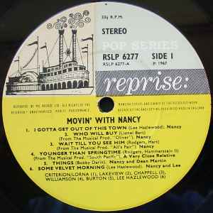 Image of Label Cover of LP - VG/VG+ - NANCY SINATRA, Movin' with Nancy (Reprise Blue & Yellow Riverboat; RSLP6277, UK 1967, Laminated Flipback Sleeve, Stereo), Sleeve has light creasing and small pen on back cover, as well as small WOL, - 2926312E