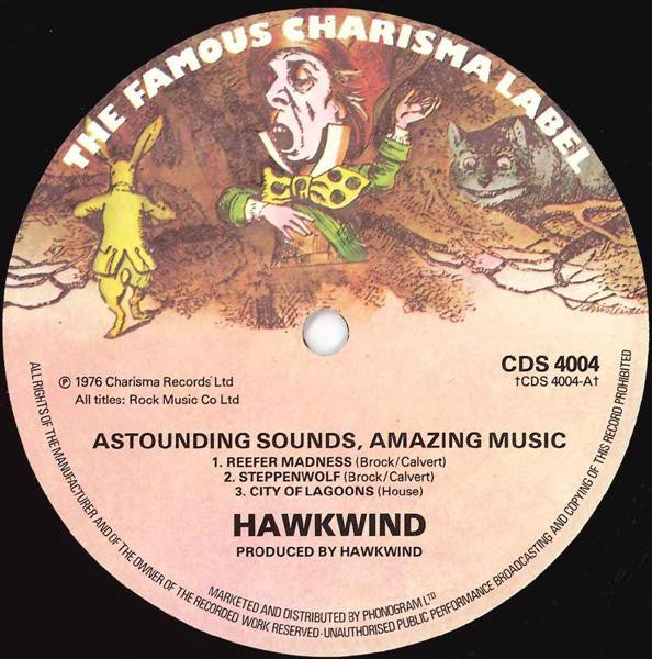 Image of Label Cover of LP - VG/VG+ - HAWKWIND, Astounding Sounds, Amazing Music (Charisma Hatter; CDS 4004, UK 1976, Sleeve Wrong Way Round, Inner), Edge Wear, - 0546005S