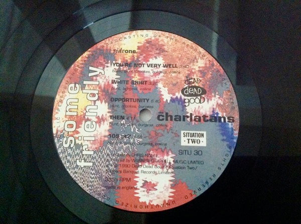 Image of Label Cover of LP - VG/G - THE CHARLATANS, Some Friendly (Situation Two; SITU 30L, UK 1990, White PVC Sleeve, Inner, Limited Edition), Disc is warped around outer edge. Plays through when tested., - 2246276S