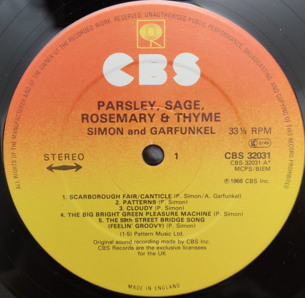 Image of Label Cover of LP - VG/VG+ - SIMON AND GARFUNKEL, Parsley, Sage, Rosemary And Thyme (CBS Orange/Yellow; 32031, UK 1970s Reissue), , - 2646060S