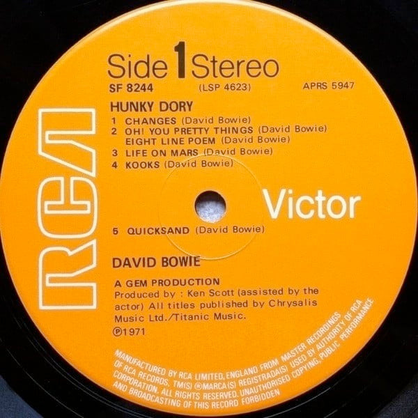 Image of Label Cover of LP - VG/VG - DAVID BOWIE, Hunky Dory (RCA Victor; SF 8244, UK 1972, Insert, A3T/B3T Bobil, Bobil/Rasputin Matrices, Gem Production, No Mainman), Strong VG Throughout , - 1315553C