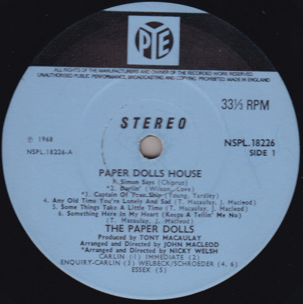 Image of Label Cover of LP - VG/VG - PAPER DOLLS, Paper Dolls House (Pye Blue; NSPL 18226 , UK 1968, Laminated Flipback Sleeve, Stereo), , - 4026229E