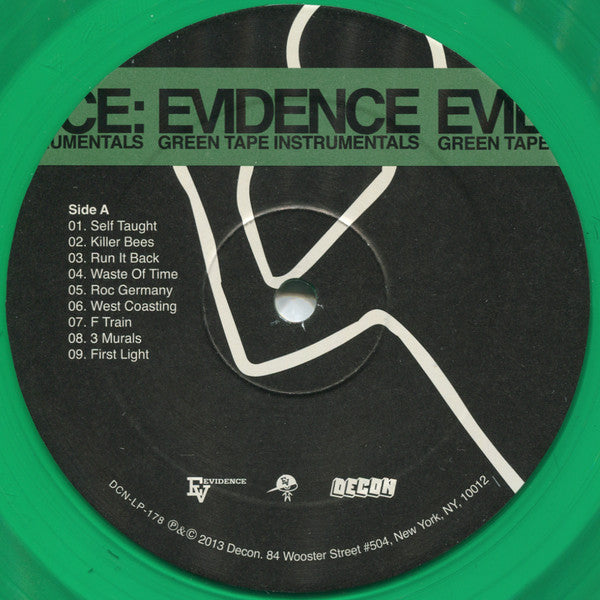 Image of Label Cover of LP - EX/EX - EVIDENCE, Green Tape Instrumentals (Decon; DCN-LP-178, US 2013, Translucent Green), , Once again Evidence delivers with a nice collection of beats. The Green Tape is very easy to listen to and it's sure to get your head nodding to the smooth samples and the hard-hitting bass. - 1746267S