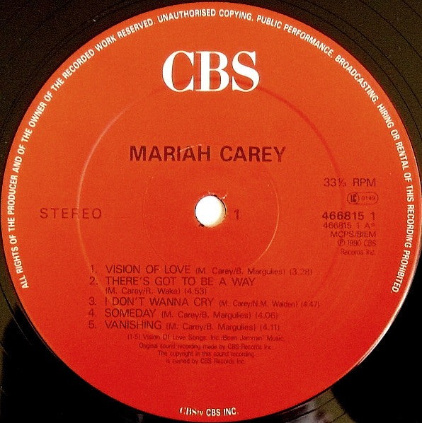 Image of Label Cover of LP - G+/G+ - MARIAH CAREY, Mariah Carey (Columbia; 466815 1, UK 1990, Inner), Small tear to sleeve opening and tear to inner. Slight warp to disc., - 1816476C