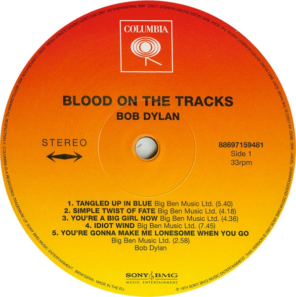 Image of Label Cover of LP - NEW/NEW - BOB DYLAN, Blood On The Tracks (Columbia; 88697159481, Europe 2007 Reissue, 180 Gram Vinyl), , Inevitably, when critics praise a new Dylan album, they label it the "best since Blood on the Tracks," and with good reason. Inspired by a crumbled marriage, and recorded after a tour with The Band had apparently re-ignited his creativity, Blood is among Dylan's masterpieces. The album's epic songs are well known, but its real high points are the shorter numbers - You're a Bi