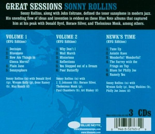 Image of Back Cover of 3xCD - VG+/VG+ - SONNY ROLLINS, Great Sessions (Blue Note; 0946 3 52763 2 9, Europe 2006, Remastered), , - 3336000E