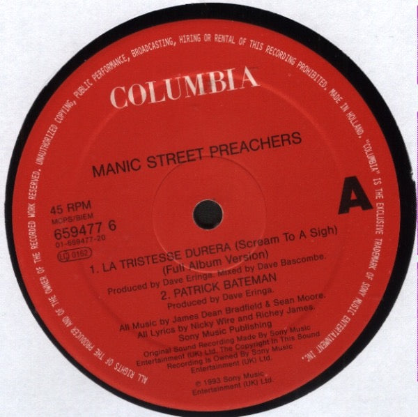 Image of Label Cover of 12" - VG+/VG+ - MANIC STREET PREACHERS, La Tristesse Durera (Columbia; 6594776, UK 1993, Stickered Sleeve, Poster), , - 3316158C