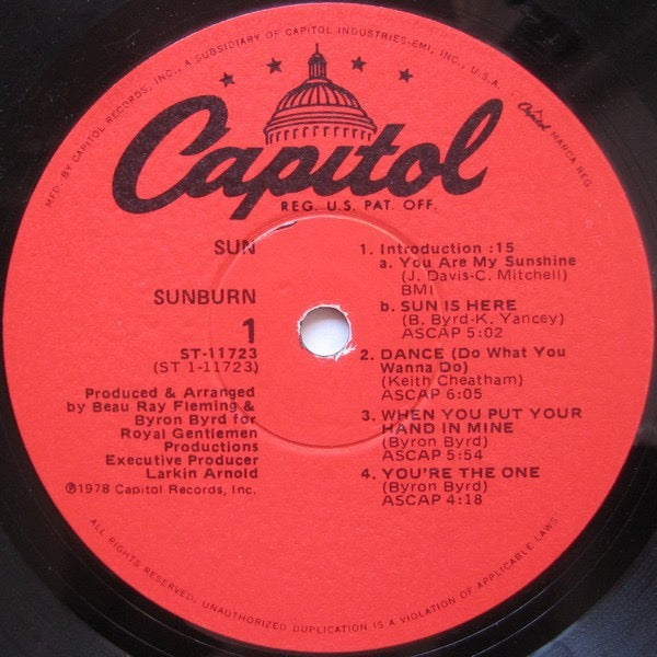Image of Label Cover of LP - G+/VG - SUN, Sunburn (Capitol; ST-11723, US 1978, Inner), Surface tear to front sleeve. Split inner., - 4416049C