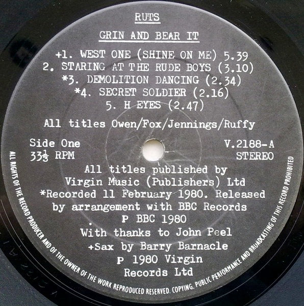 Image of Label Cover of LP - VG/G - THE RUTS, Grin and Bear It (Virgin; V 2188, UK 1980, No Insert), Some long light marks and lots of hairlines, Sleeve intact but a little grubby, - 3316072C