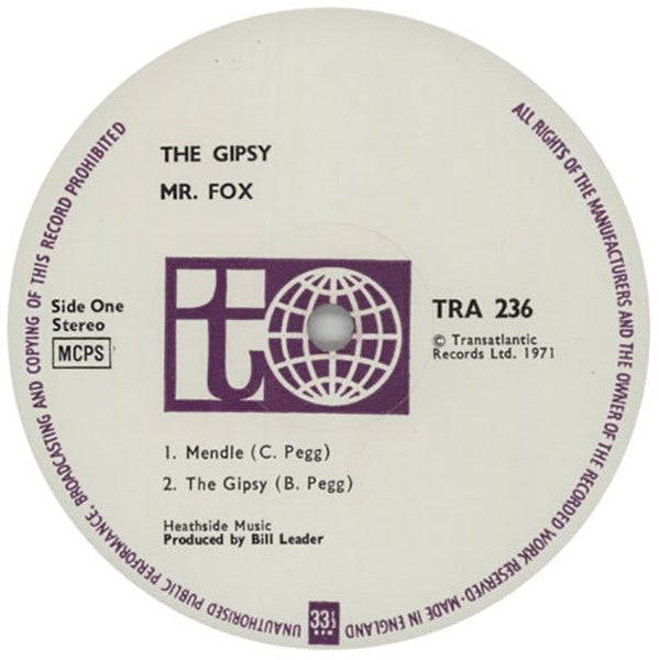 Image of Label Cover of LP - VG/G+ - MR FOX, The Gipsy (Transatlantic White/Purple; TRA 236, UK 1971, Gatefold With Av/Pak Inner), Side 2 is damaged from the foam strip of the plastic inner at run in and into track 1. Plays through but with loud surface noise. Rest of the disc is a Strong VG. Plastic inner intact but discoloured. Edge and ring wear, creasing., - 2446280S