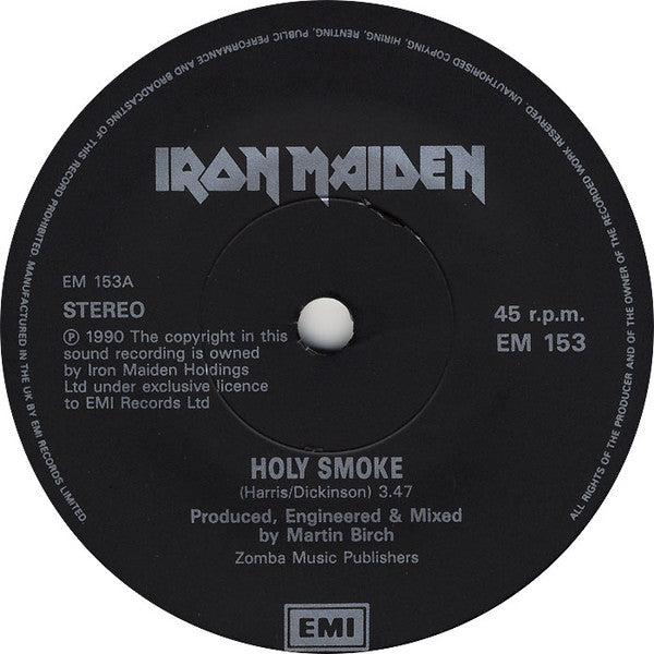 Image of Label Cover of 4715274C: 7" - IRON MAIDEN, Holy Smoke (EMI; EM 153, UK 1990, Picture Sleeve, Paper Labels) VG+/VG+
