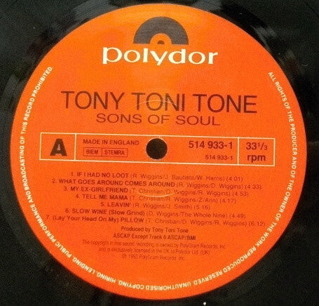 Image of Label Cover of LP - G+/G - TONY! TONI! TON !, Sons Of Soil (Polydor; 514 933-1, UK 1993, Picture Sleeve, Inner), Record very marked and scuffed throughout. Some deeper marks click. Sleeve has heavy wear and creasing at edges, - 3016346C